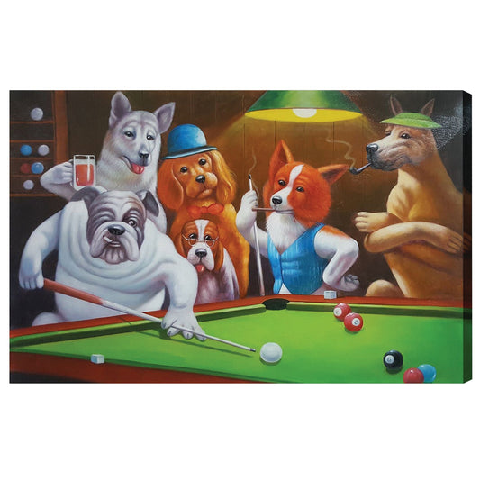 OIL PAINTING ON CANVAS - DOGS PLAYING POOL-Game Table Genie
