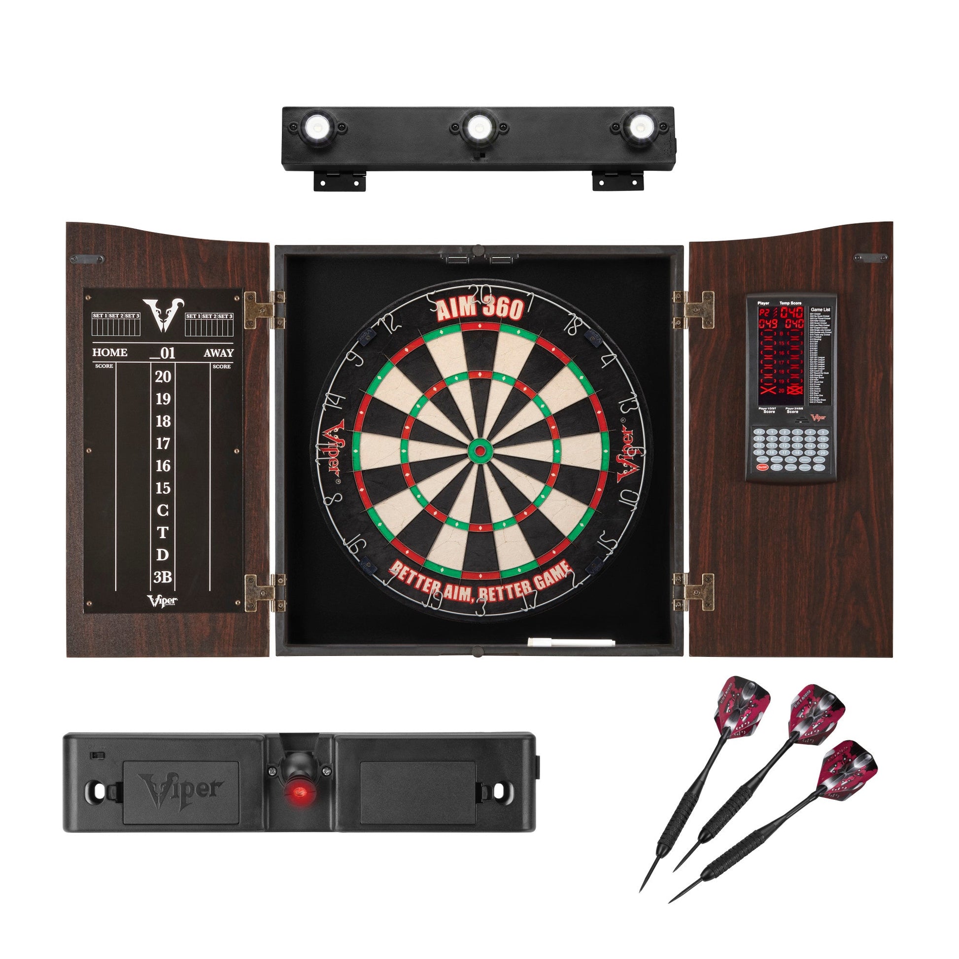 Viper Vault Deluxe Dartboard Cabinet with Built-In Pro Score, AIM 360 Dartboard, Throw Line Light, and Shadow Buster Light-Game Table Genie