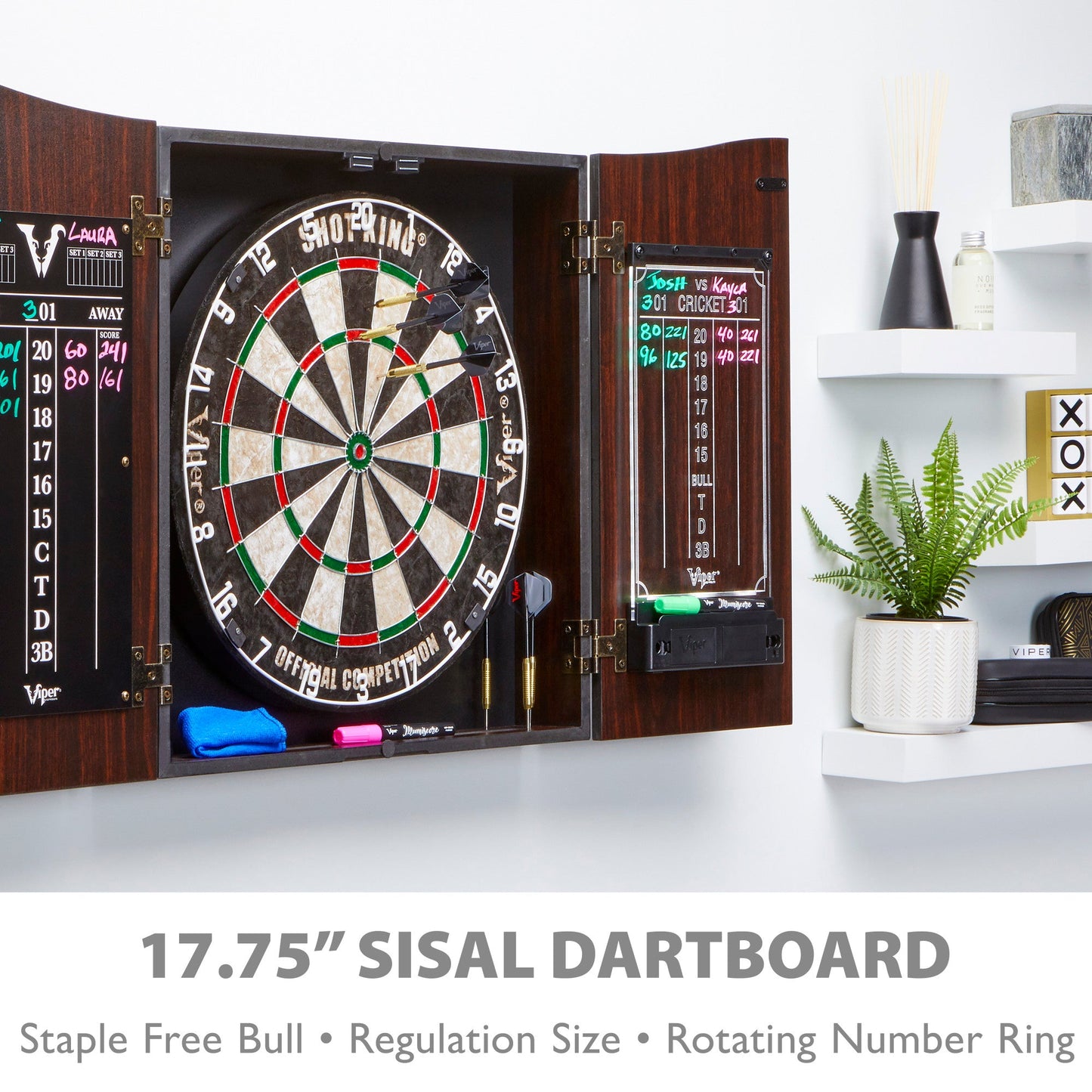 Viper Vault Deluxe Dartboard Cabinet with Shot King Sisal Dartboard and Illumiscore Scoreboard-Game Table Genie